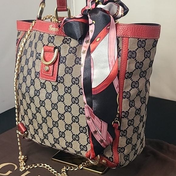 GUCCI VINTAGE 90'S ABBEY TAN CANVAS W NAVY GG DIAMANTE, RED LEATHER/GOLD HRDWR - Picture 8 of 14